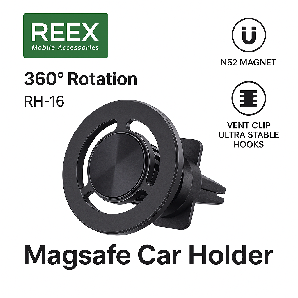 Автомобильный держатель телефона REEX RH-16 с вращающимся магнитом крепится к вентиляционной решетке.