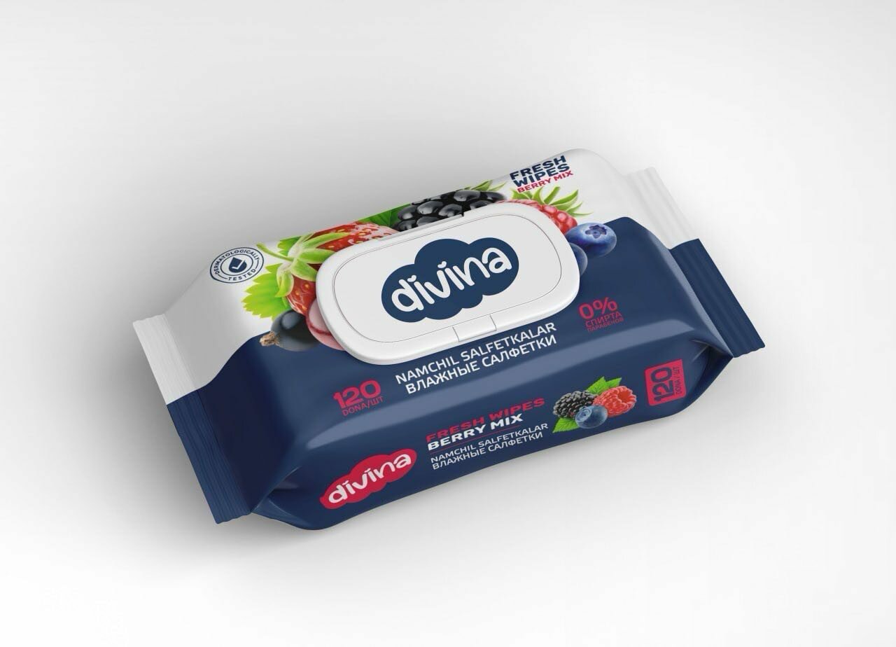 Влажные салфетки Divina, с приятным ароматом, бережное очищение, без спирта, аромат ягодный микс — фото 1