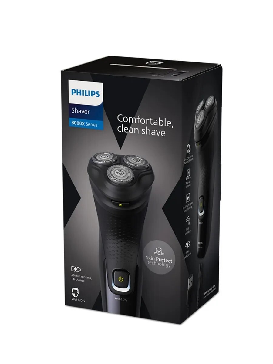 Электробритва Philips "X3021", автономная, роторная, 3 бреющих элемента, водонепроницаемая — фото 1
