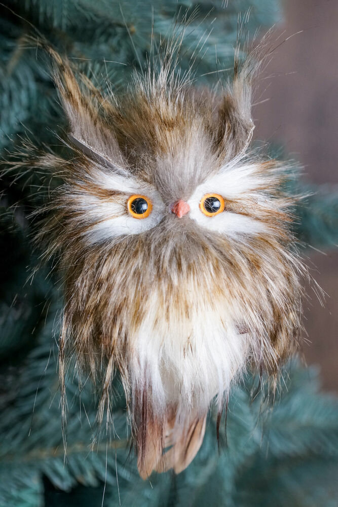 Ёлочное украшение совёнок пушик, искусственный мех, перо, 18 см, Winter Deco 1135230