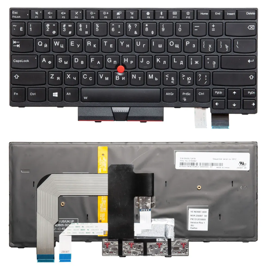 Клавиатура для ноутбука Lenovo ThinkPad T480, T470, A475, A485, чёрная, рамчка чёрная, с джойстиком, с подсветкой