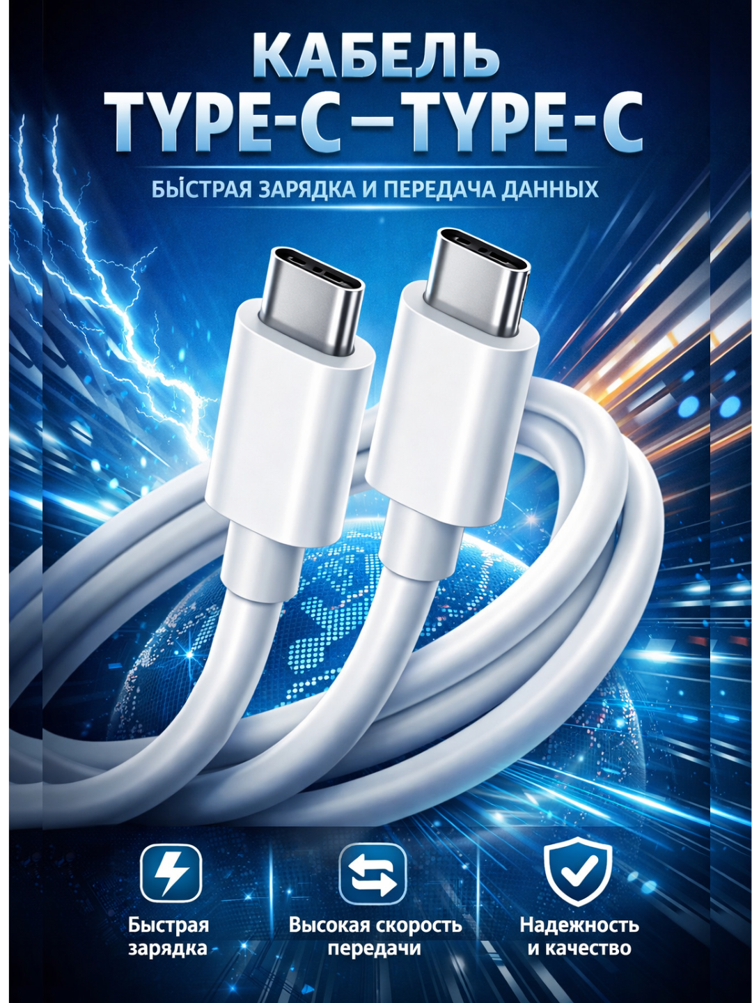 Зарядный кабель Type-C на Type-C, прочный, белый цвет, длина 1м