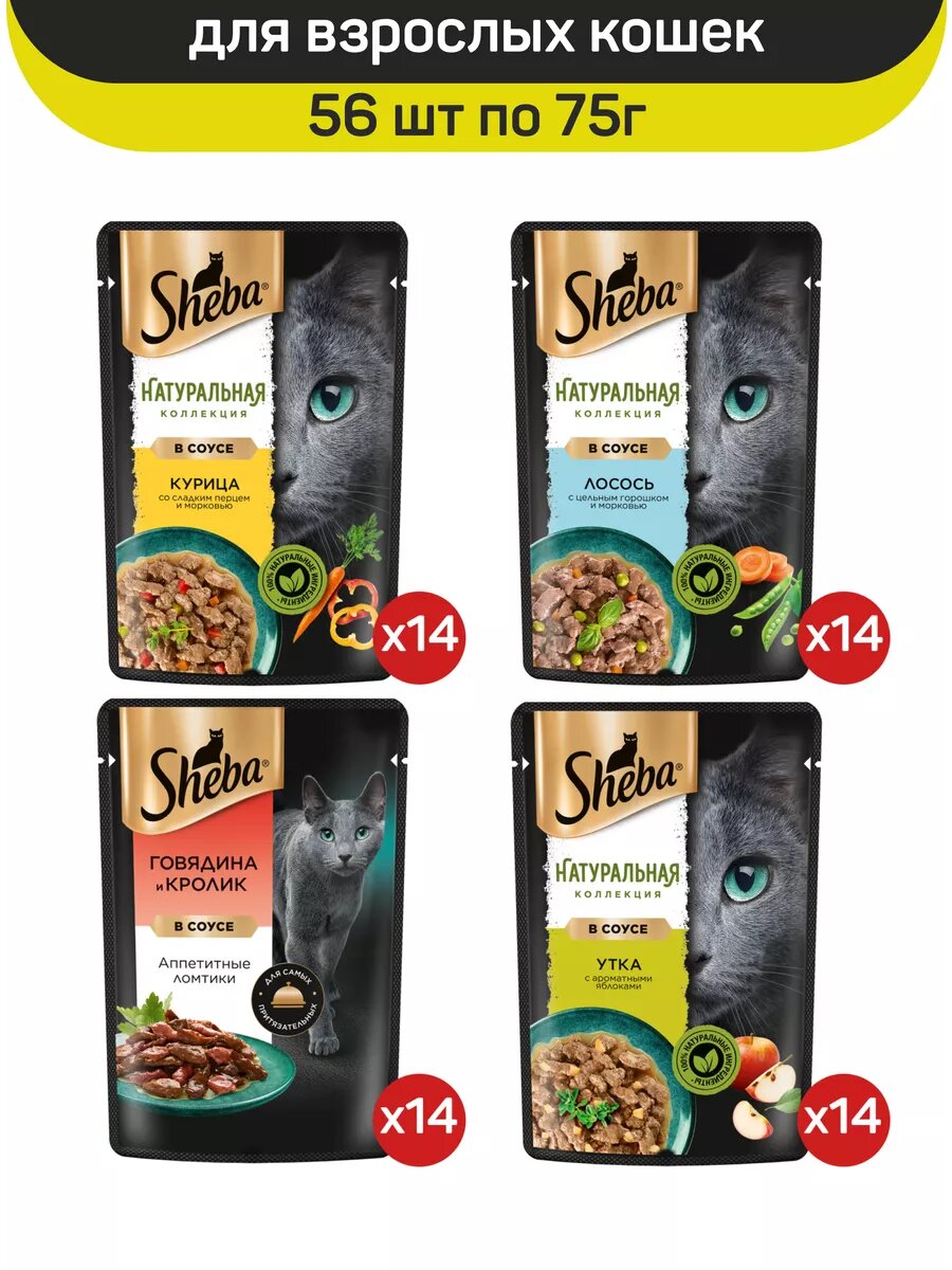 Влажный корм для кошек Sheba, микс вкусов в соусе: с курицей, с говядиной и кроликом, с лососем, с уткой, 56 шт по 75 г