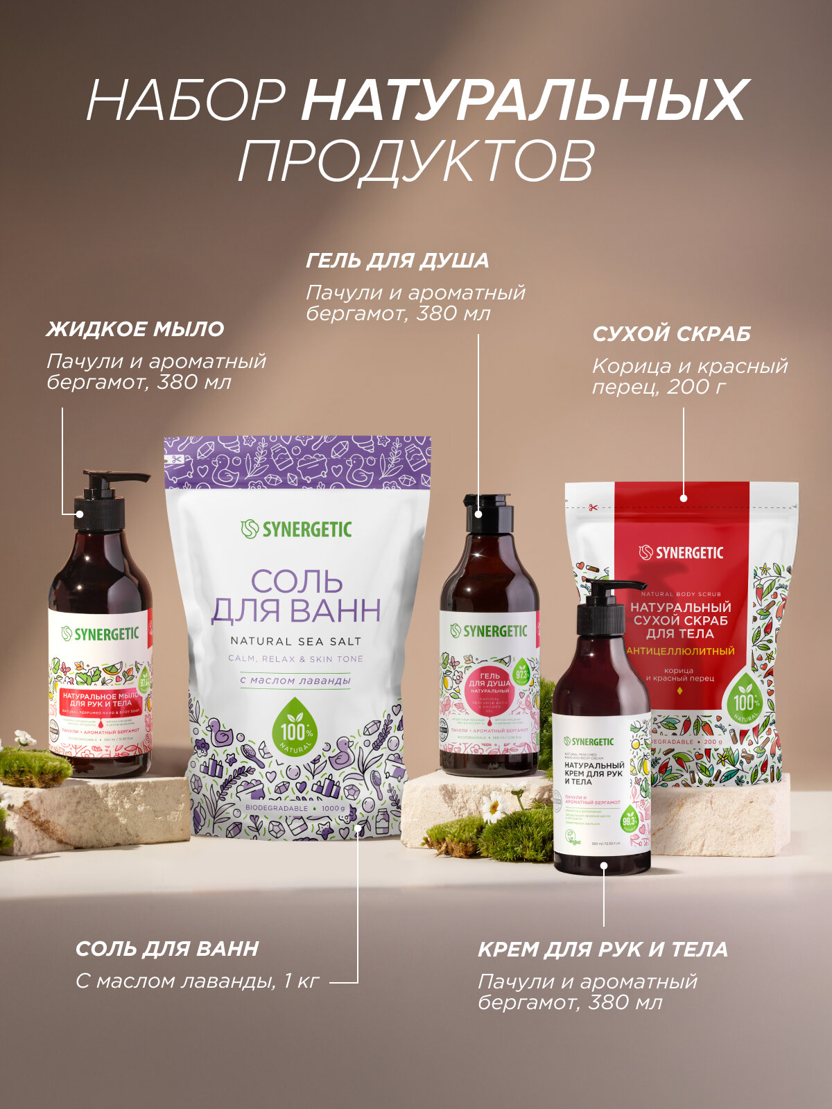 Подарочный набор SYNERGETIC Beauty 5шт (крем, мыло для рук, гель для душа, скраб, соль для ванной)