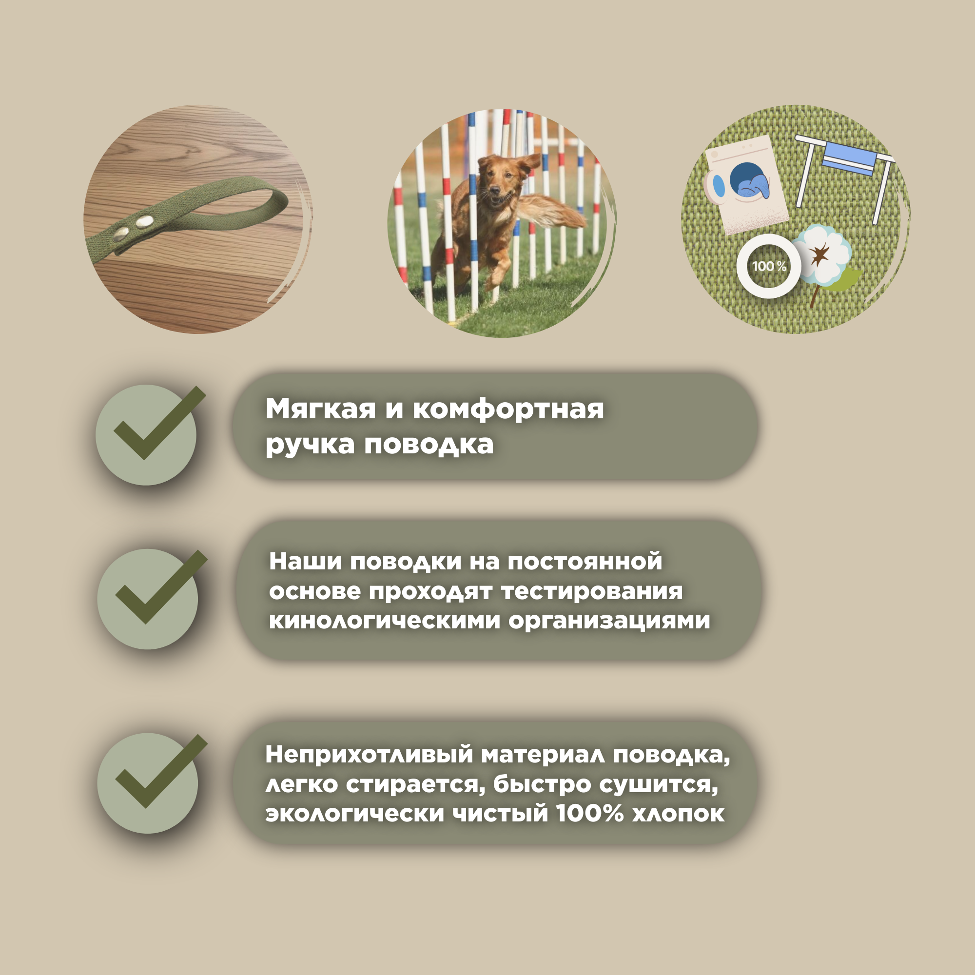 Поводок брезентовый, для крупных и средних собак, 5 метров, зеленый — фото 1