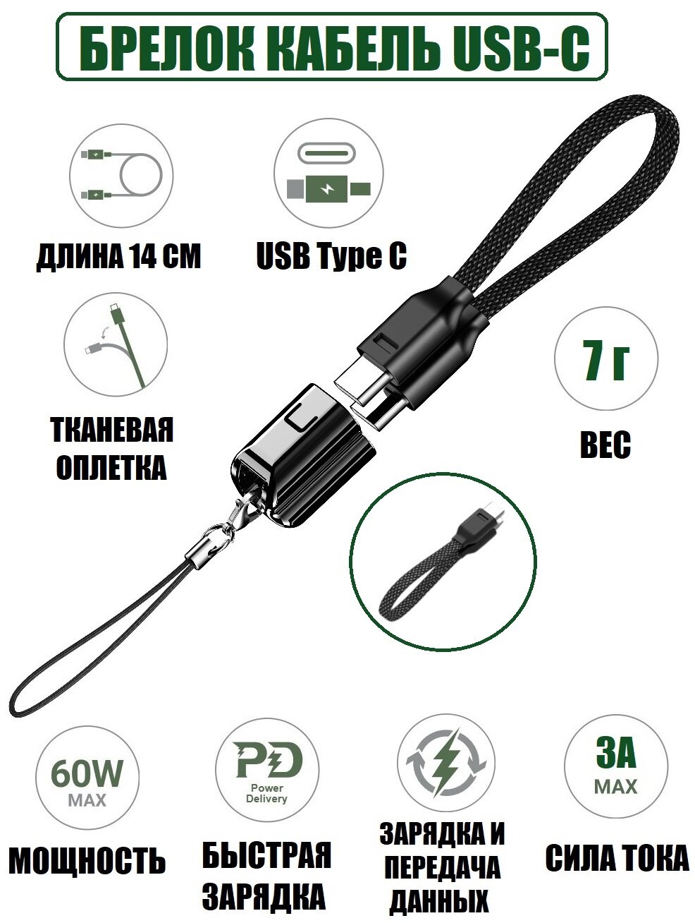 Кабель брелок USB-С с быстрой зарядкой PD 60 Вт 3А текстиль 14 см
