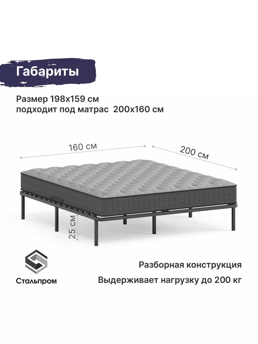 Кровать 160х200, "Аврора", двуспальная, ортопедическая, черный цвет, металлический каркас — фото 1