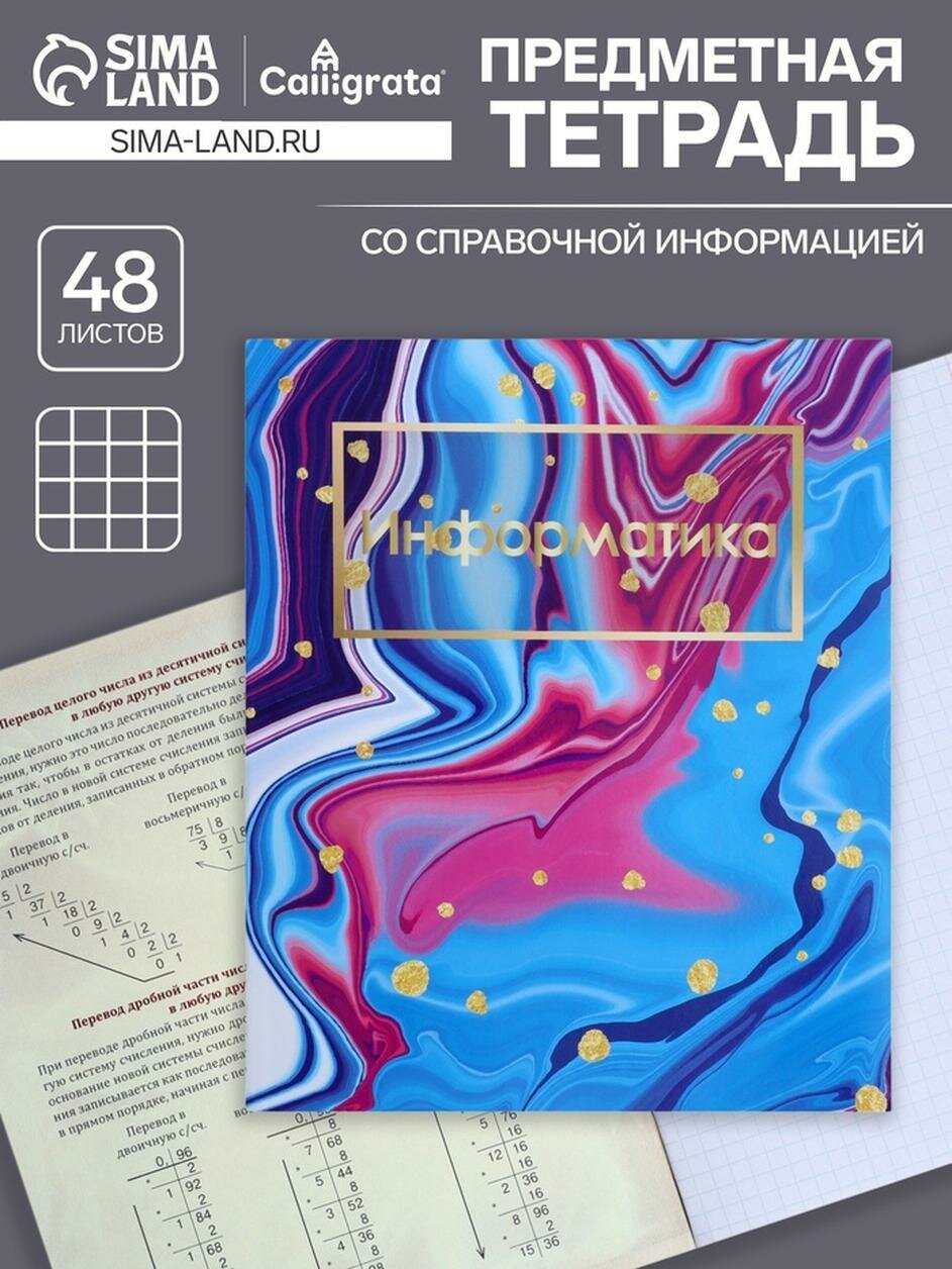 Тетрадь предметная 48 листов в клетку Calligrata, «Мрамор светлый. Информатика», обложка мелованный картон