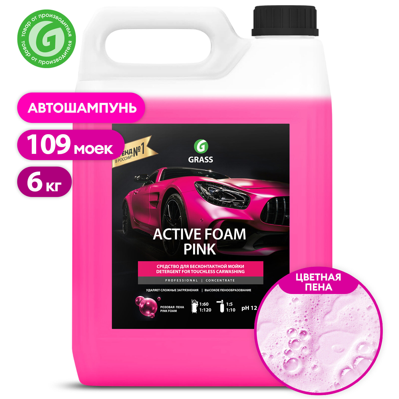 Автошампунь для бесконтактной мойки GRASS Active Foam Pink активная пена розовая пена6 кг.