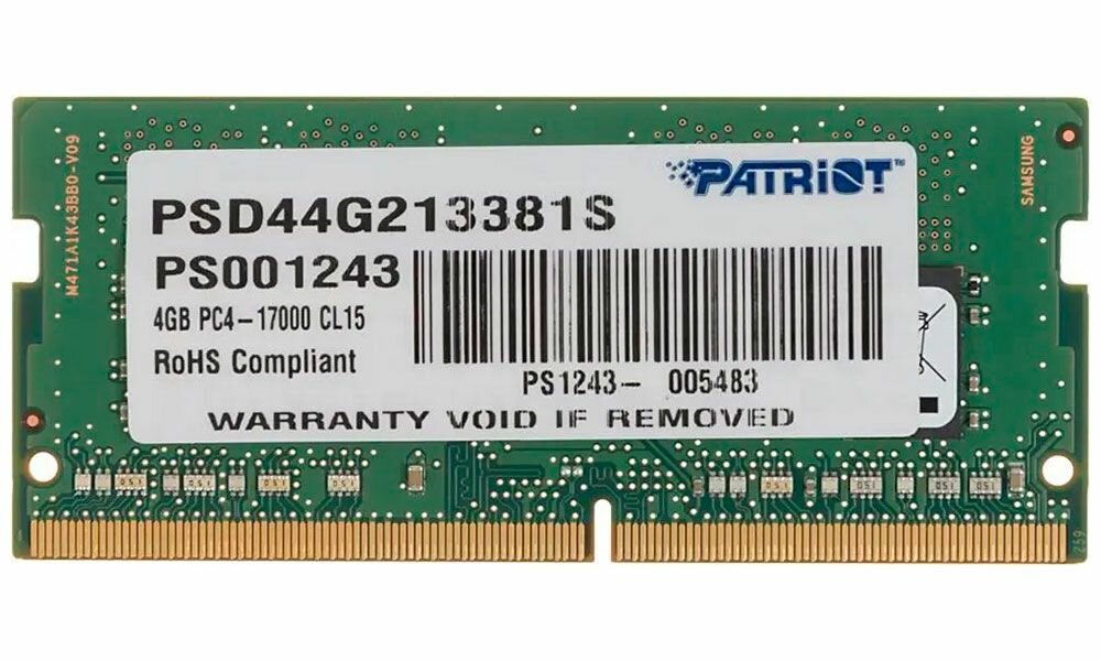Оперативная память Patriot PSD44G213381S DDR4 - 1x 4ГБ 2133МГц, для ноутбуков (SO-DIMM), Ret