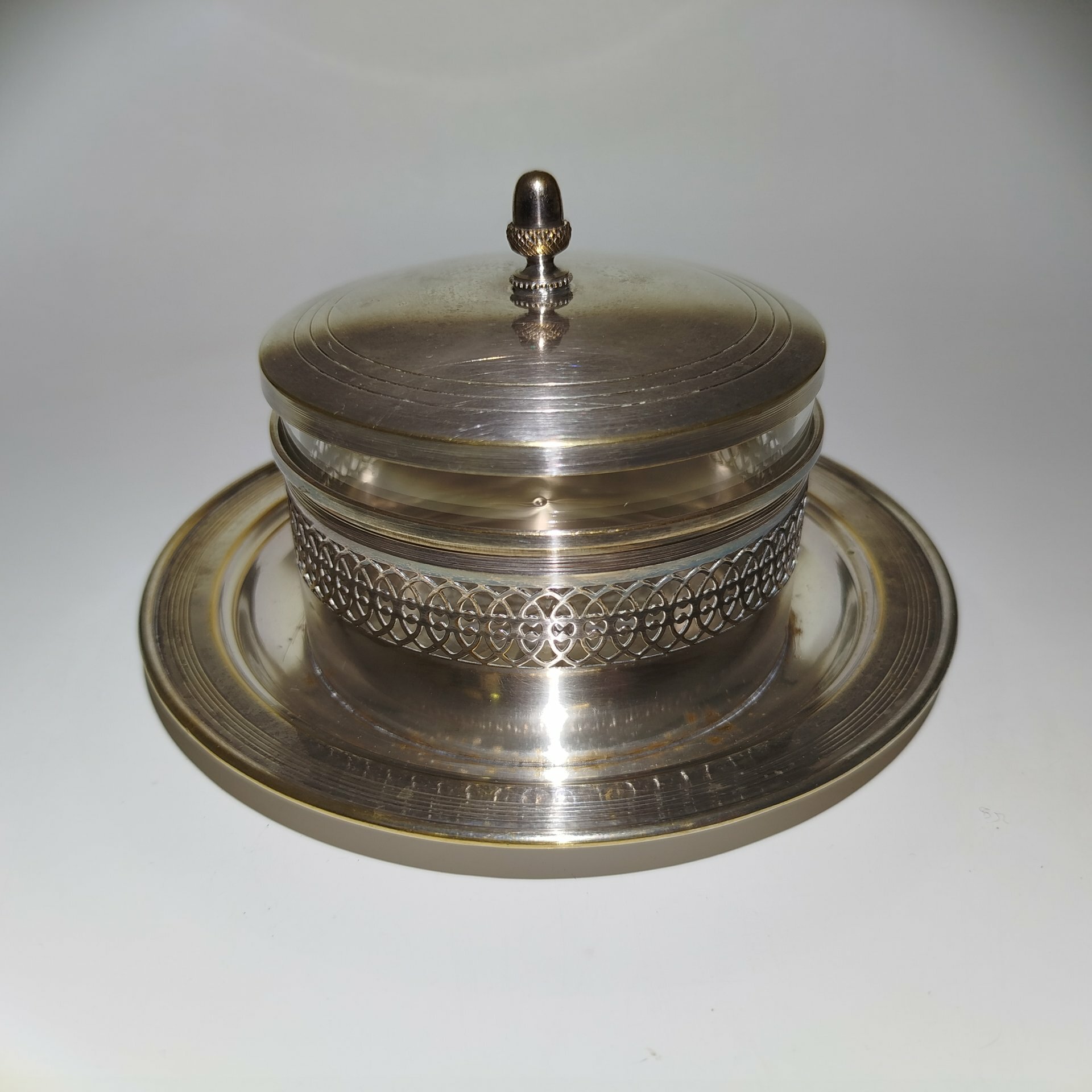 Сахарница в ажурной металлической оплетке, стекло, сплав металлов