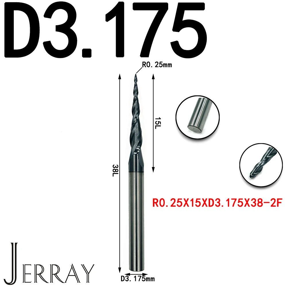 JERRAY HRC55 Фрезы с ЧПУ, твердосплавные вольфрама, конические сферические концевые фрезы, 2D 3D фрезы для резьбы по дереву, фреза, R0.25X15XD3.175X38, 1pc
