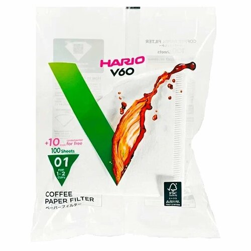 Фильтры Hario V60 размер 01 для заваривания кофе (1-2 чашки), белые, упак. 110 шт.
