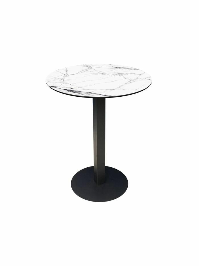 Кухонный, обеденный стол Вильнюс нераздвижной, на одной ножке, 60х60х77 см, Белый мрамор / Черный матовый, металл