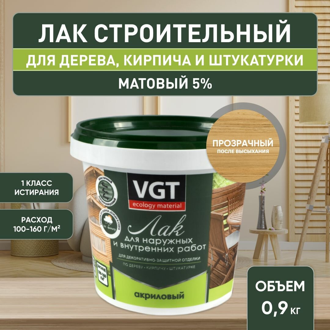 Лак строительный акриловый VGT лак для наружных и внутренних работ матовый прозрачный 0.9 кг.