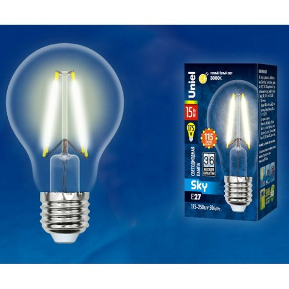 Лампа Uniel LED-A60 E27 15Вт теплый свет филаментная грушевидная