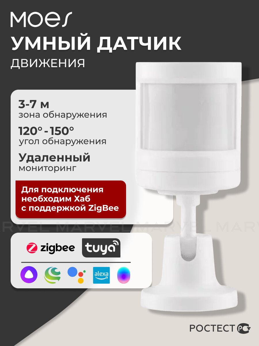 Умный датчик движения с голосовым управлением Moes ZSS-X-PIR-C-MS / датчик присутствия беспроводной, ZigBee, белый