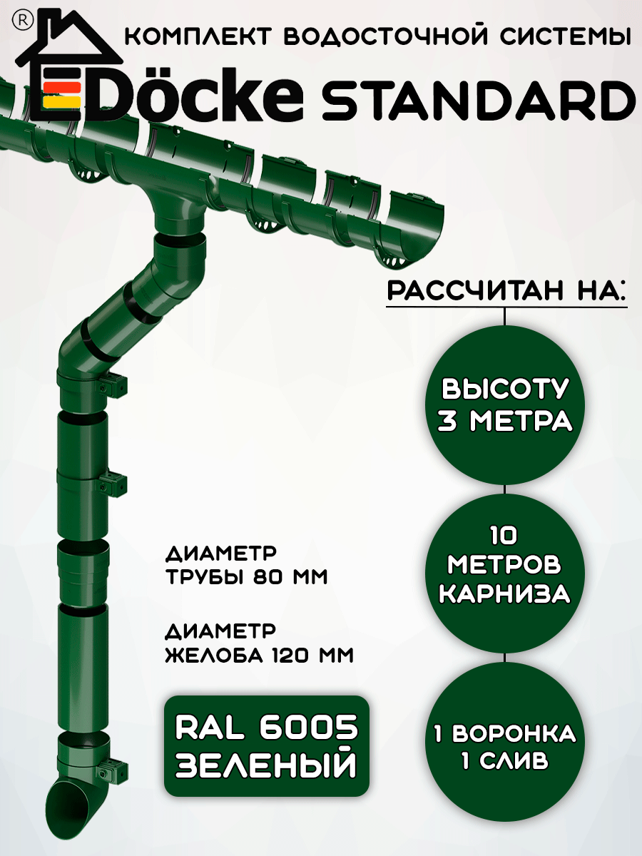 Комплект водосточной системы Docke Standard зеленый 10 метров (1 слив) (120мм/80мм) водосток для крыши Дёке Стандарт зеленый (RAL 6005)