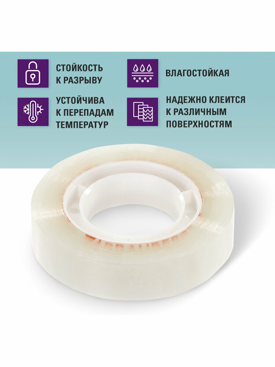 Клейкие ленты 12мм х 33м канцелярские BRAUBERG, комплект 4шт, прозрачные, гарантиров. длина, 228761 — фото 1