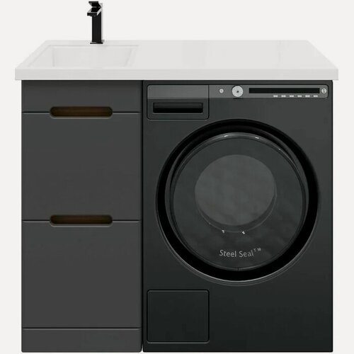 Изображение товара Тумба с раковиной SanStar Darko 100 L под стиральную машину под стиральную машину, напольная, 100, 2 см, серая, черная, светлое дерево, глянцевая, из МДФ, с ящиками, раковина для ванной, из искусствен