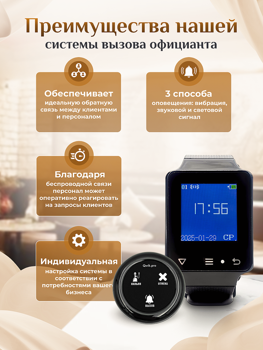 Беспроводная кнопка вызова персонала с пейджером – система оповещения для ресторанов, отелей и учреждений (1+10) — фото 1