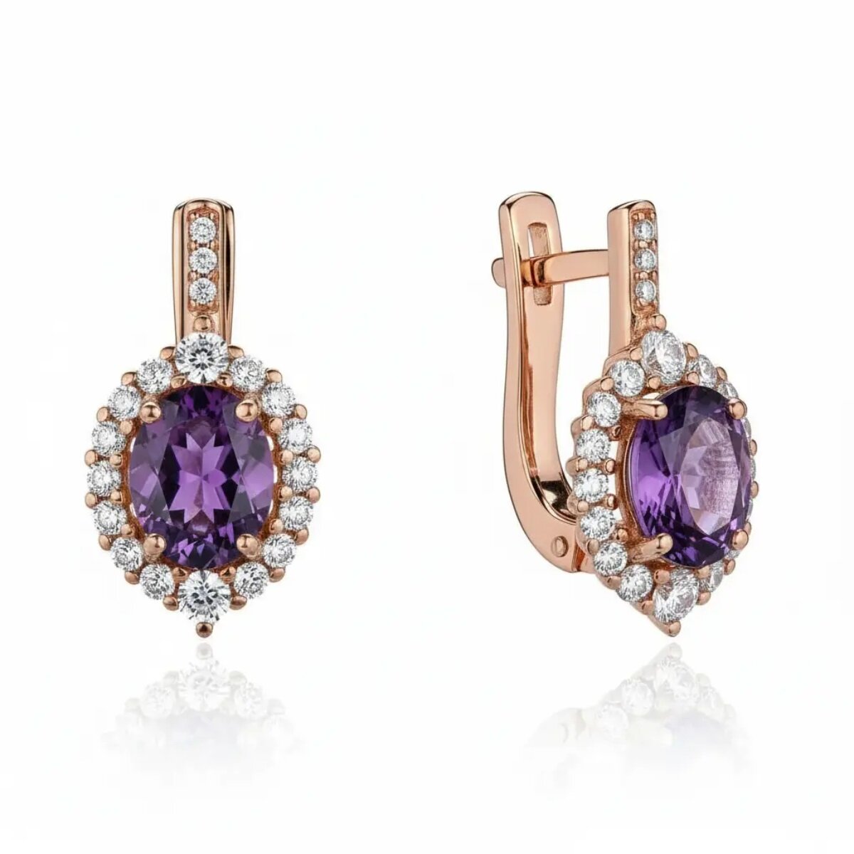 Серьги, красное золото, 585 проба, аметист, фианит