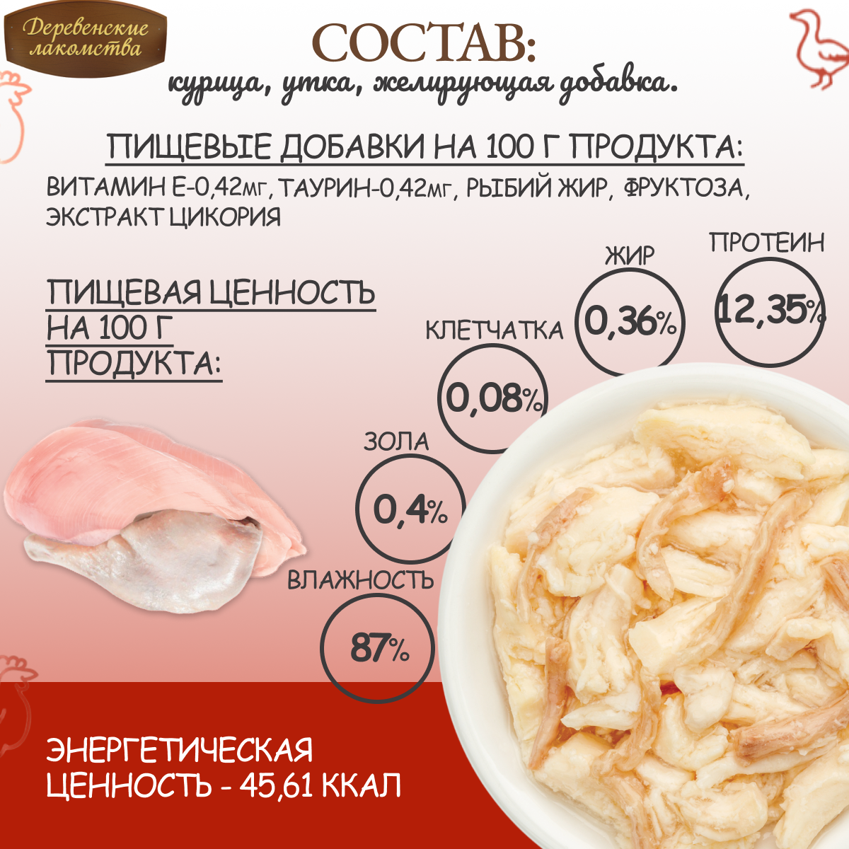 Влажный корм для кошек Деревенские лакомства , с курицей, с уткой 12 шт. х 70 г (кусочки в желе) — фото 1