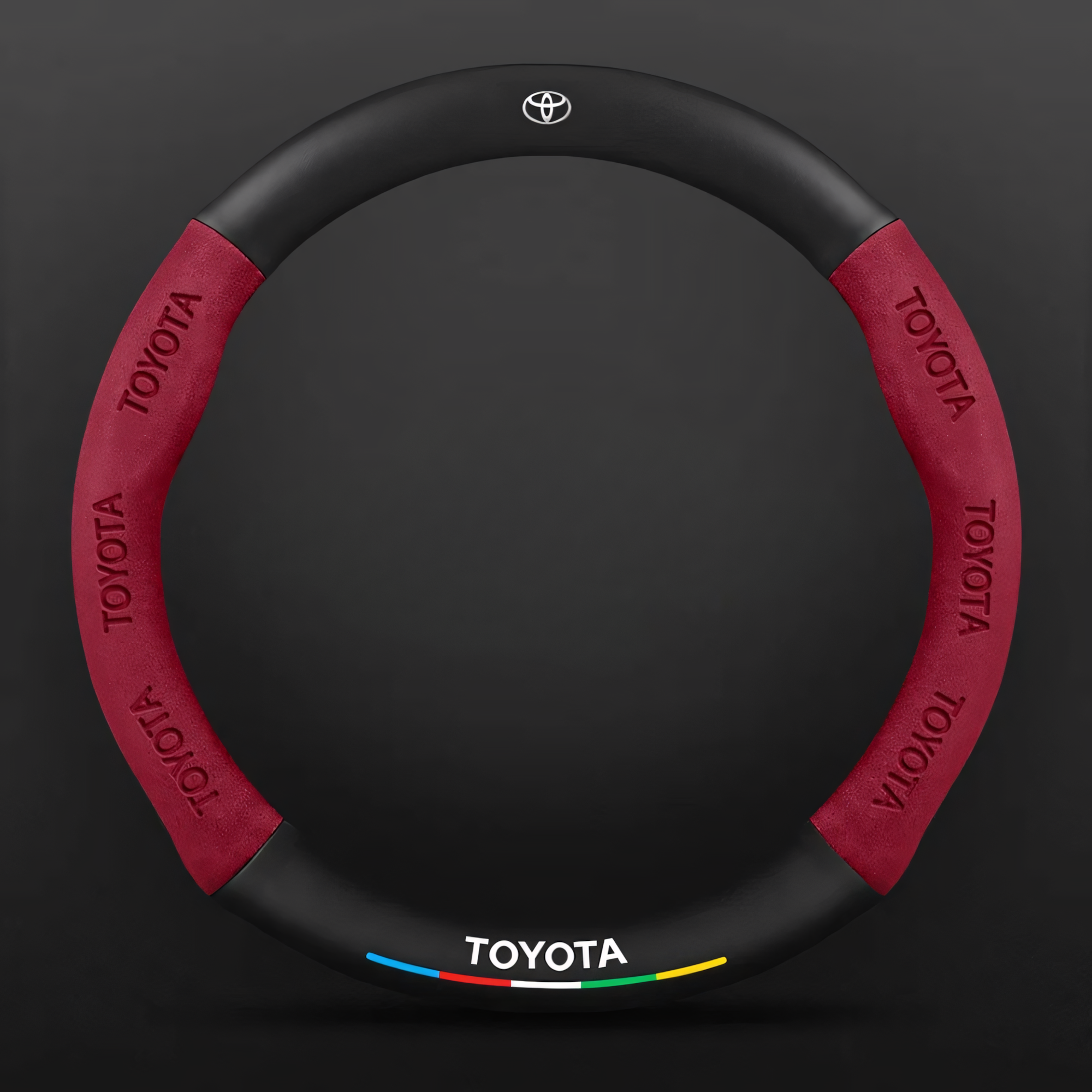 Чехол на руль с логотипом Toyota, гладкая фактура, натуральная кожа, 38 см, красный/черный