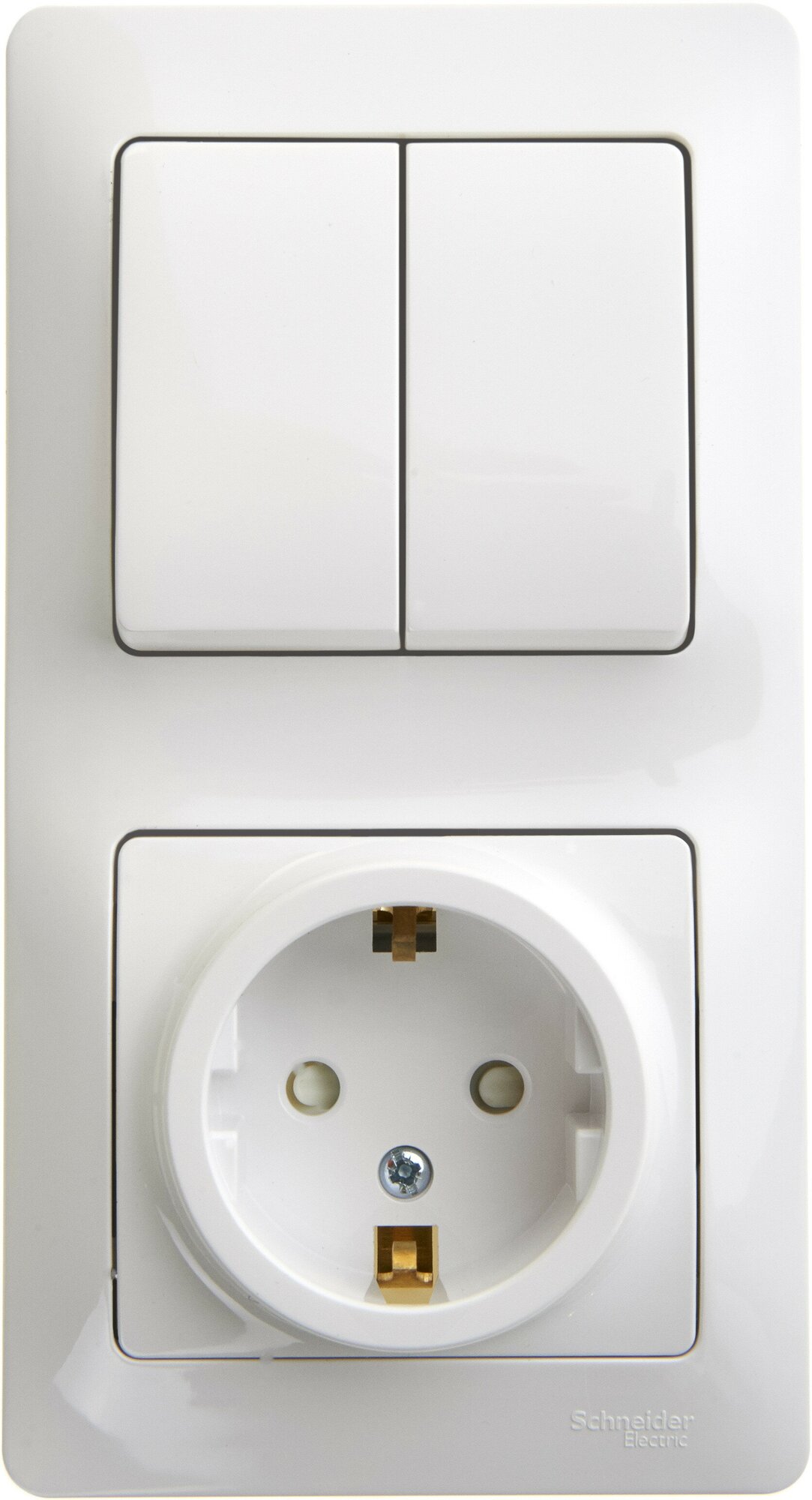 Блок: розетка с заземлением со шторками + выключатель двухклавишный белый (00174)