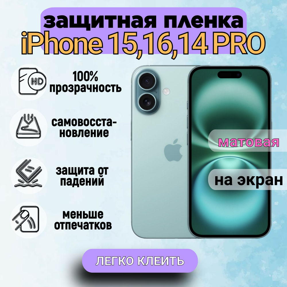 Гидрогелевая полиуретановая пленка на iPhone 15, iPhone 16, iPhone 14 PRO, матовая