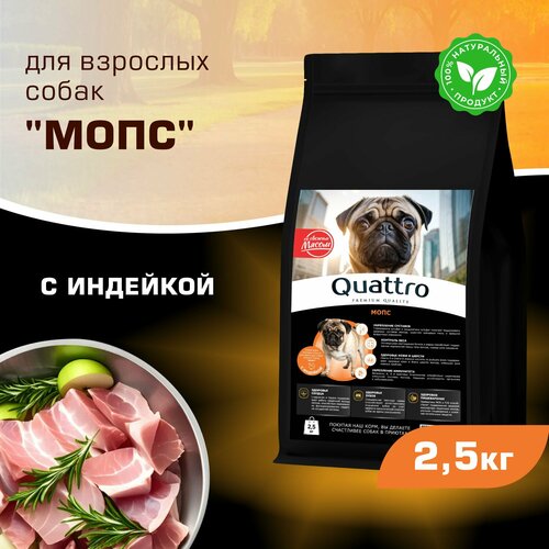 Корм сухой для взрослых собак породы Мопс, с индейкой, 2,5 кг, QUATTRO