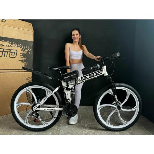 Велосипед складной Рама 19 дюймов Двухподвесной RICHIESTO 26 Горный Взрослый Подростковый Спортивный Дисковый тормоз Для спорта и отдыха белый 29220₽