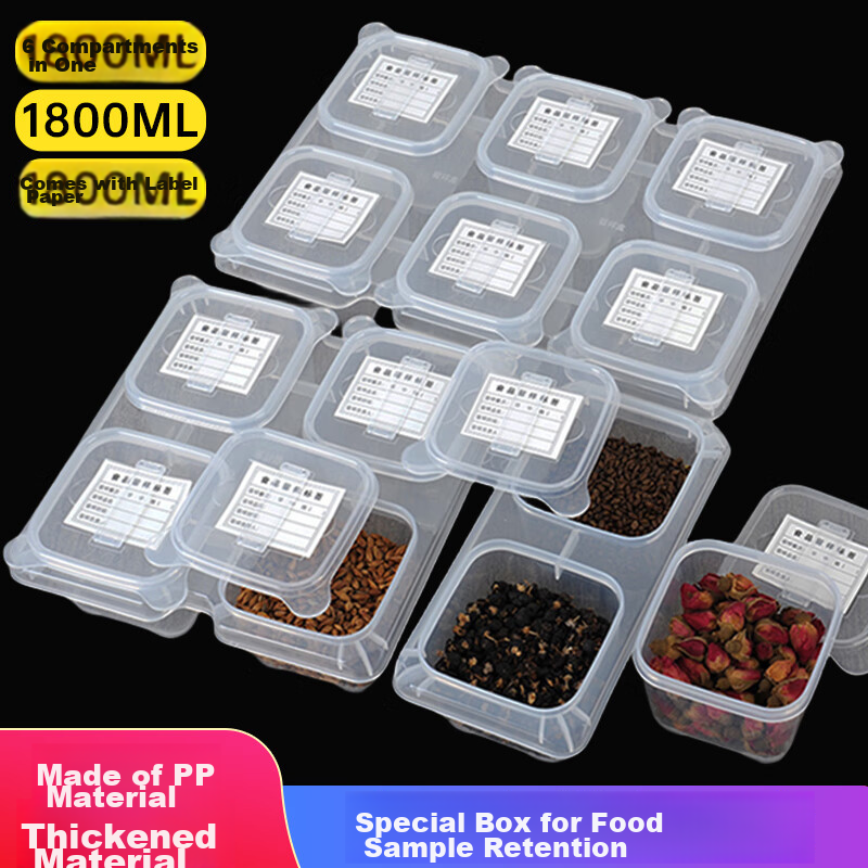 Mengting Food Sample Storage Box, Kindergarten School Hotel Fresh-Keeping Sampling Box, 6 Compartments Combination 1800ml (With Labels)