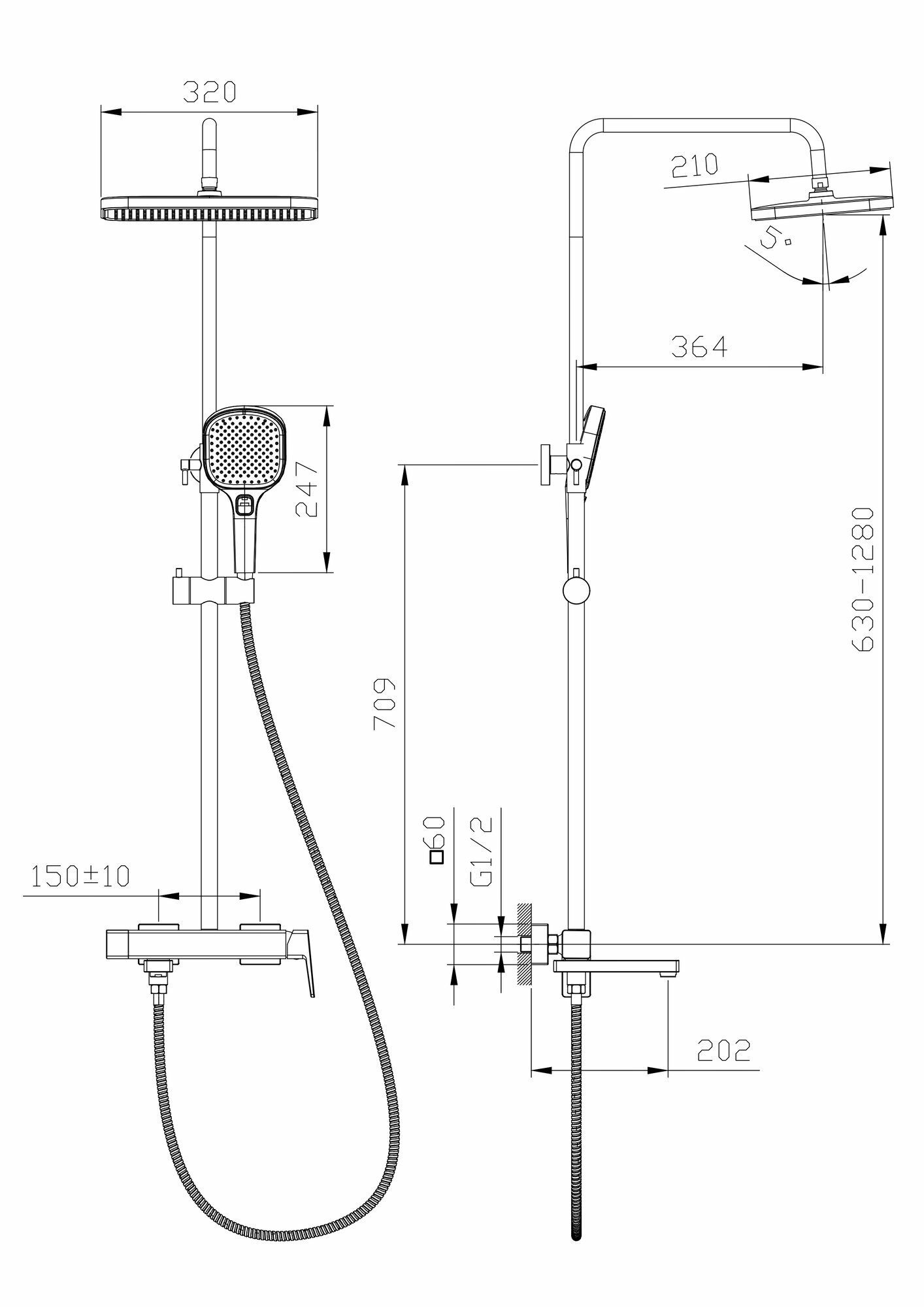Душевая стойка для ванны со смесителем Raglo R30.24.06, латунь, черный — фото 1