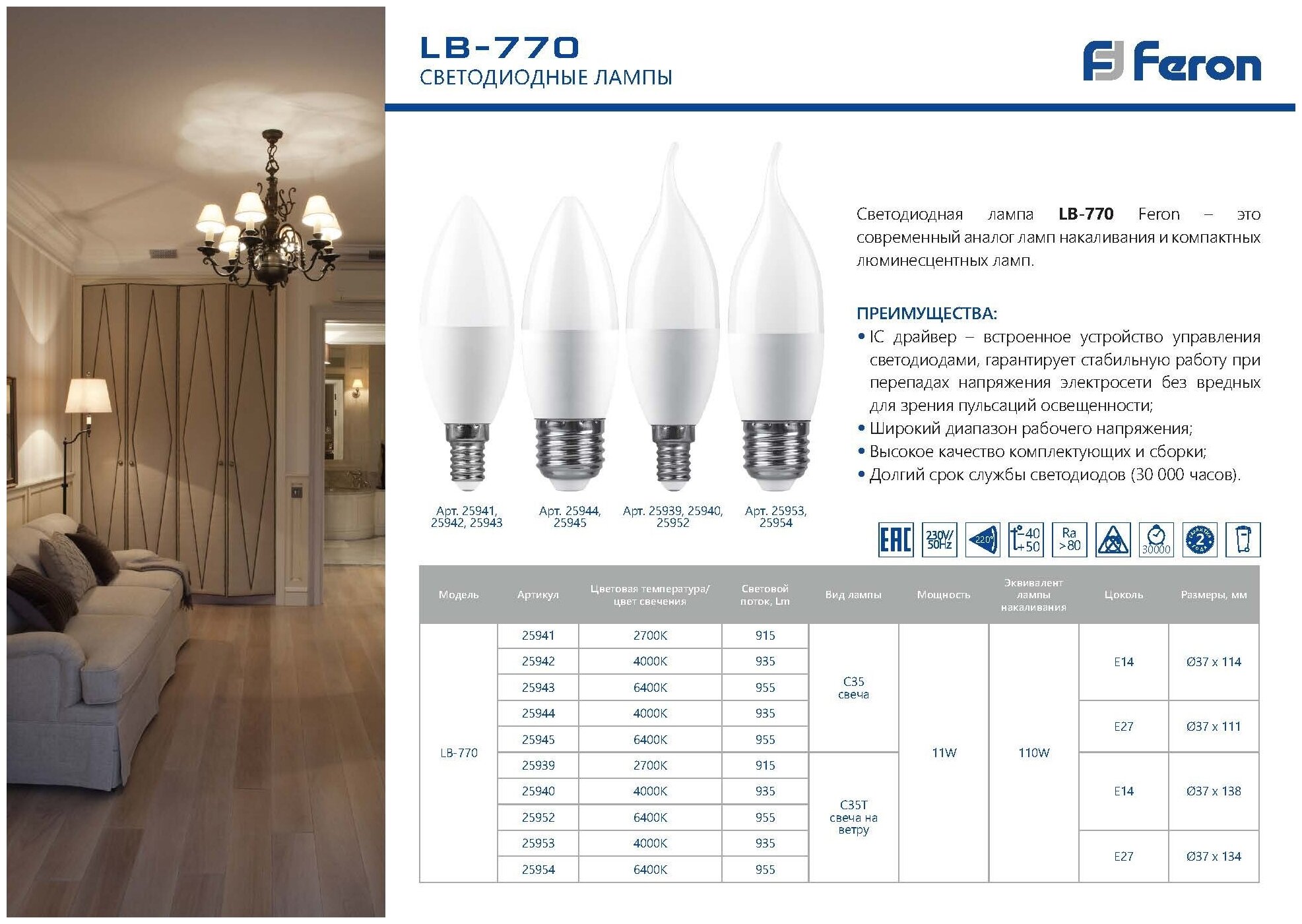 Лампа светодиодная LED 11вт Е27 дневной матовая свеча. 25945 FERON