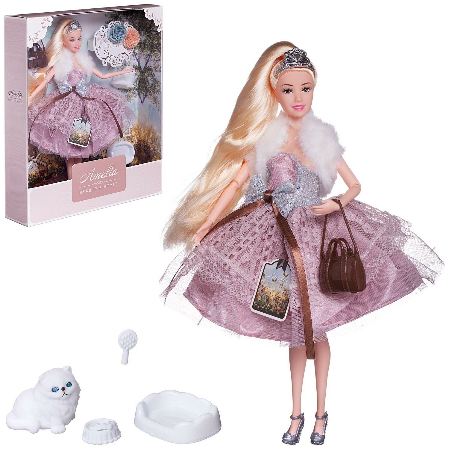 Кукла ABtoys "Летний вечер" с диадемой, в платье с меховой накидкой, светлые волосы 30см PT-01636