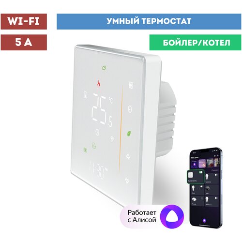 Умный Wi-Fi термостат (терморегулятор) 5А для бойлера (котла) с Алисой белый 10045