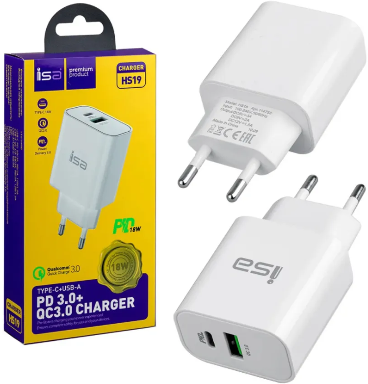 Сетевое зарядное устройство ISA 18W USB-C / Power Delivery 3.0 + USB A QuickCharge 3.0 / 2 в 1 / Блок питания для телефона Тайп Си