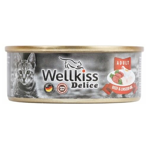 Wellkiss Консервы для кошек говядина с льняным маслом, 100 г, 6 шт