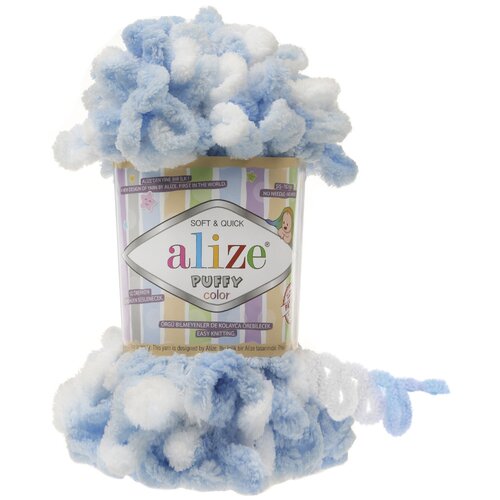 Плюшевая пряжа Alize Puffy Color (Ализе Пуффи Колор) - 1 моток 5865 белый-голубой, для вязания руками, большие петли (4см), 9м/100г