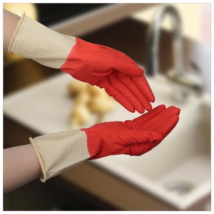 Перчатки хозяйственные Доляна резиновые, размер L, плотные, 50 г, цвет красный