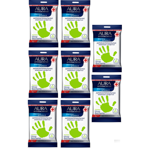 AURA Antibacterial Влажные салфетки антибактериальные Derma Protect ромашка pocket-pack 15шт х8 уп. салфетки влажные antibacterial derma protect антибактериальные 20шт