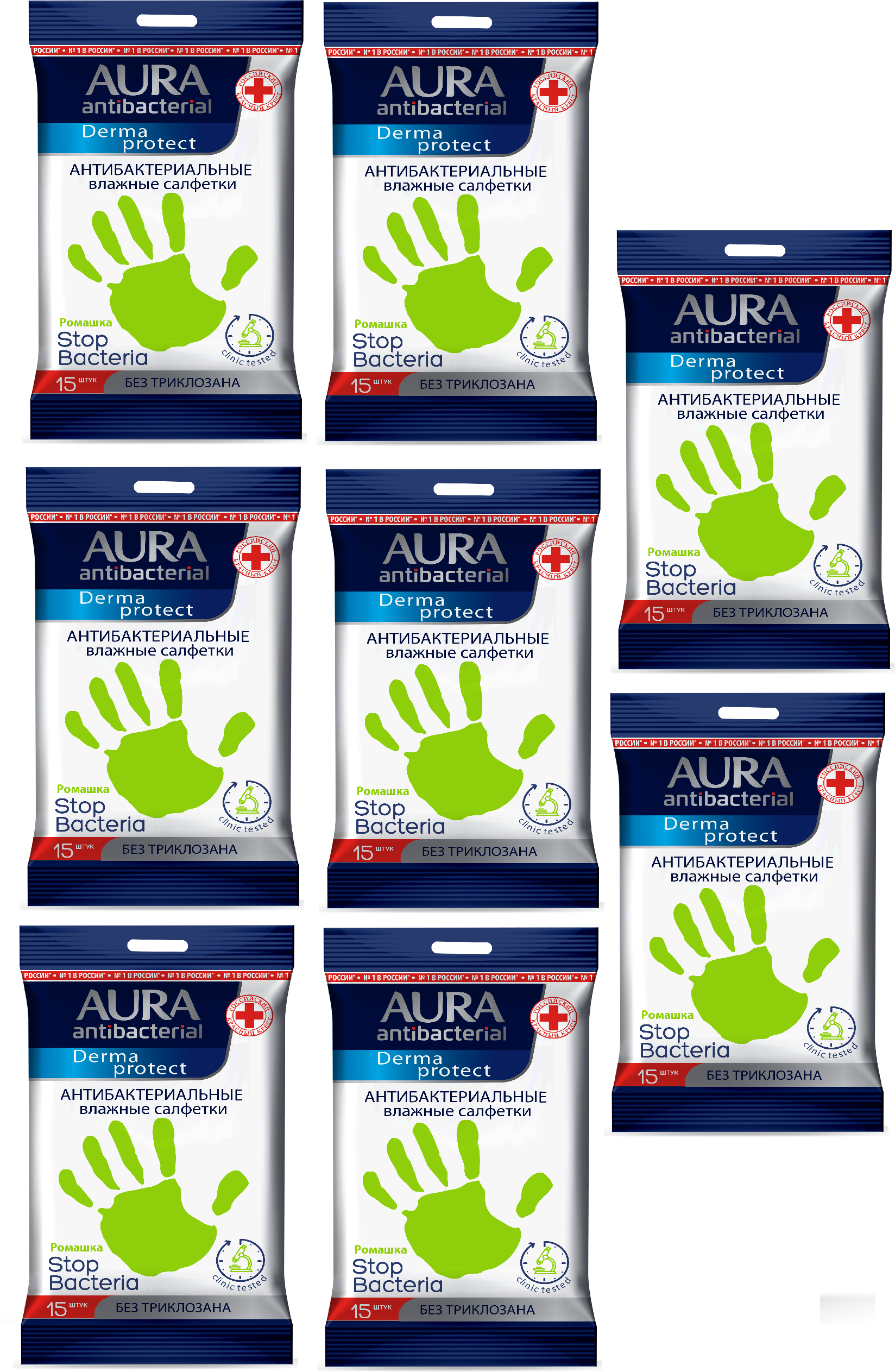 AURA Antibacterial Влажные салфетки антибактериальные Derma Protect ромашка pocket-pack 15шт х8 уп.