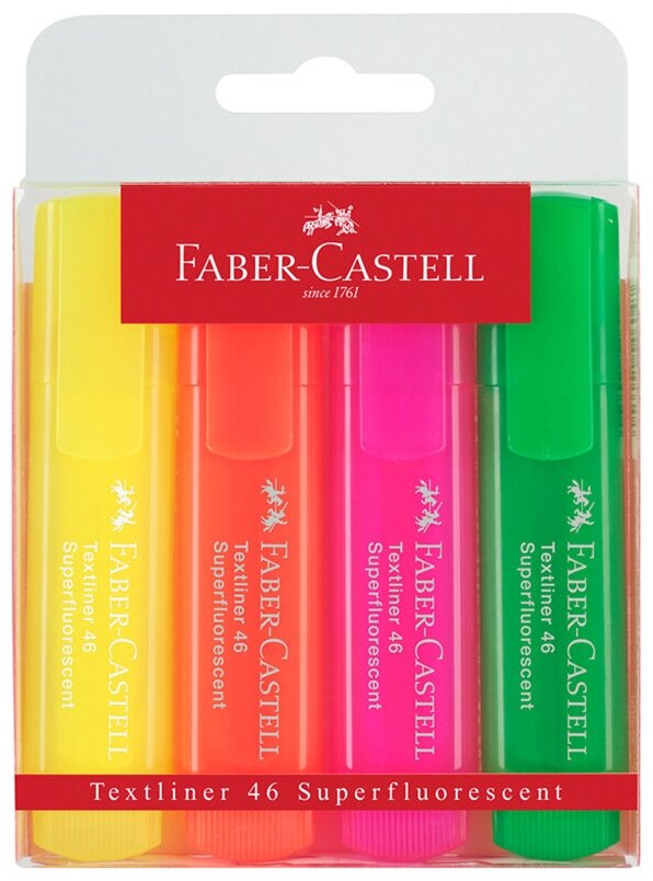 Набор текстовыделителей Faber-Castell "46 Superfluorescent" 4 флуоресцентных цв, 1-5мм, пластик. уп 286175