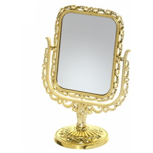 Зеркало настольное в пластиковой оправе «Версаль - Прямоугольник» цвет золото, двухстор, подст 10,5*10,5см, зер 11,5*15,5см, выс 23,5см