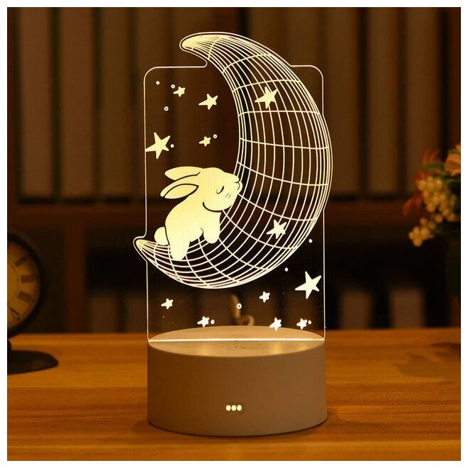 Детский ночник Зайка на Луне | 3D USB настольная лампа