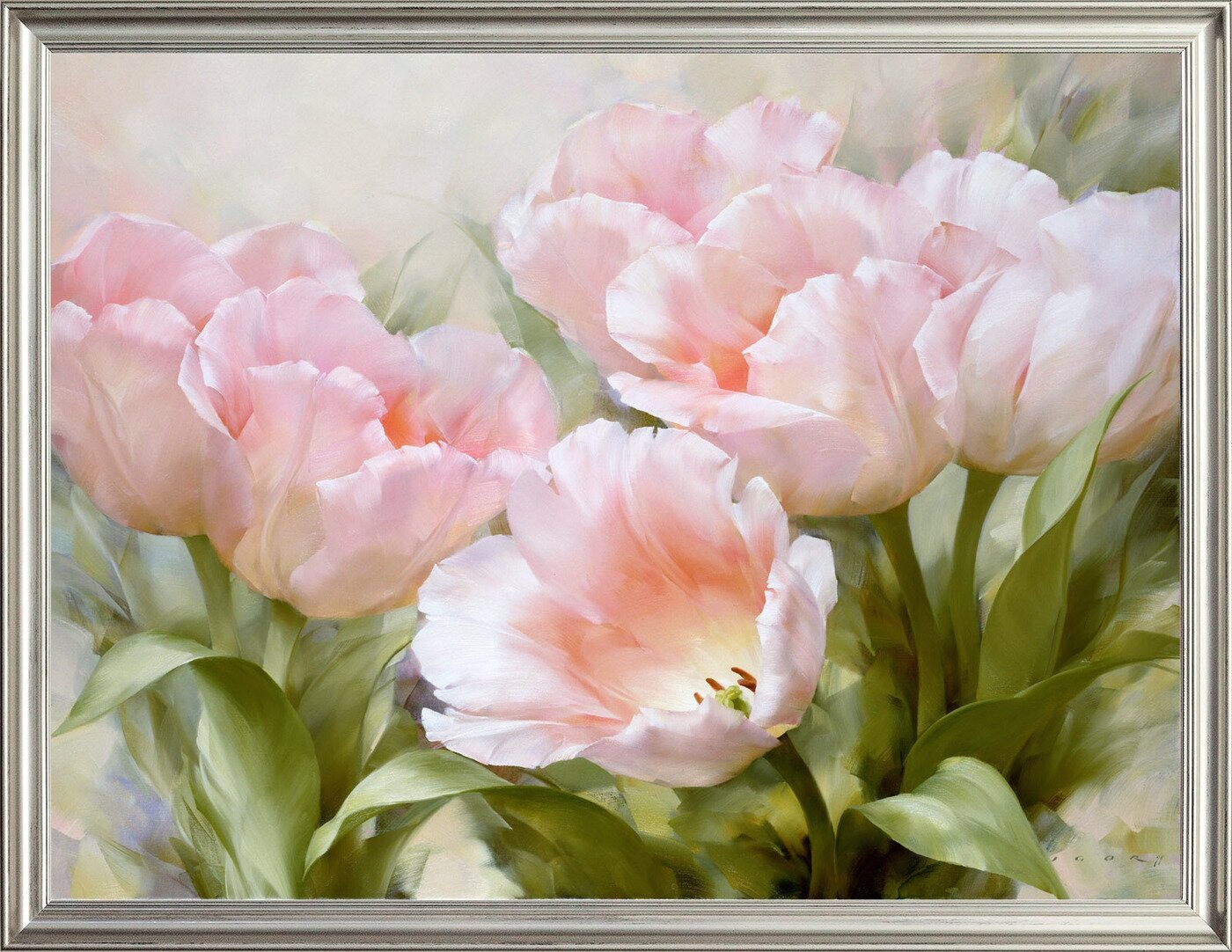 Картина на холсте, "Розовые тюльпаны", 80х60 см, художник - Левашов Игорь, Холст на деревянном подрамнике, оформлена в багет, Арт. ЛИ-х5