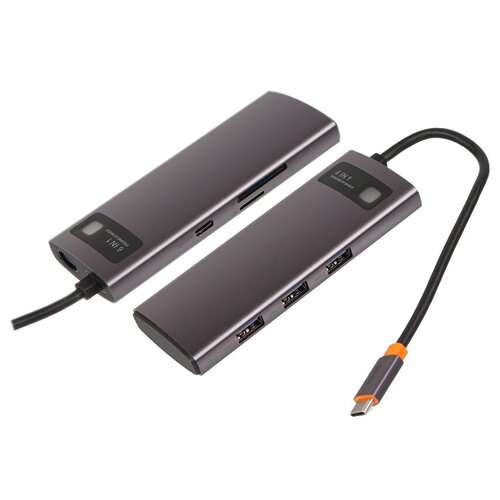 Хаб USB Baseus Metal Gleam Series 6-in-1 Type-C - 3xUSB3.0+ HDMI+PD+RJ45 Grey WKWG030213 хаб baseus metal gleam 9в1 многофункциональный концентратор usb type c 3x usb 3 2 серый