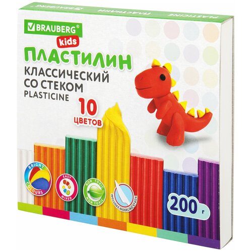 Пластилин 10цв 200г BRAUBERG KIDS, со стеком 106504 пластилин классика детство 10 цветов стек 200гр