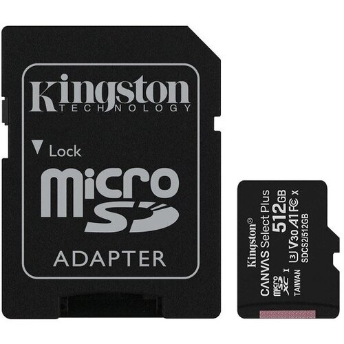 Kingston Карта памяти Micro SecureDigital 512Gb Kingston Class 10 UHS-I U3 Canvas Select Plus (SD адаптер) 100MB/s SDCS2/512GB